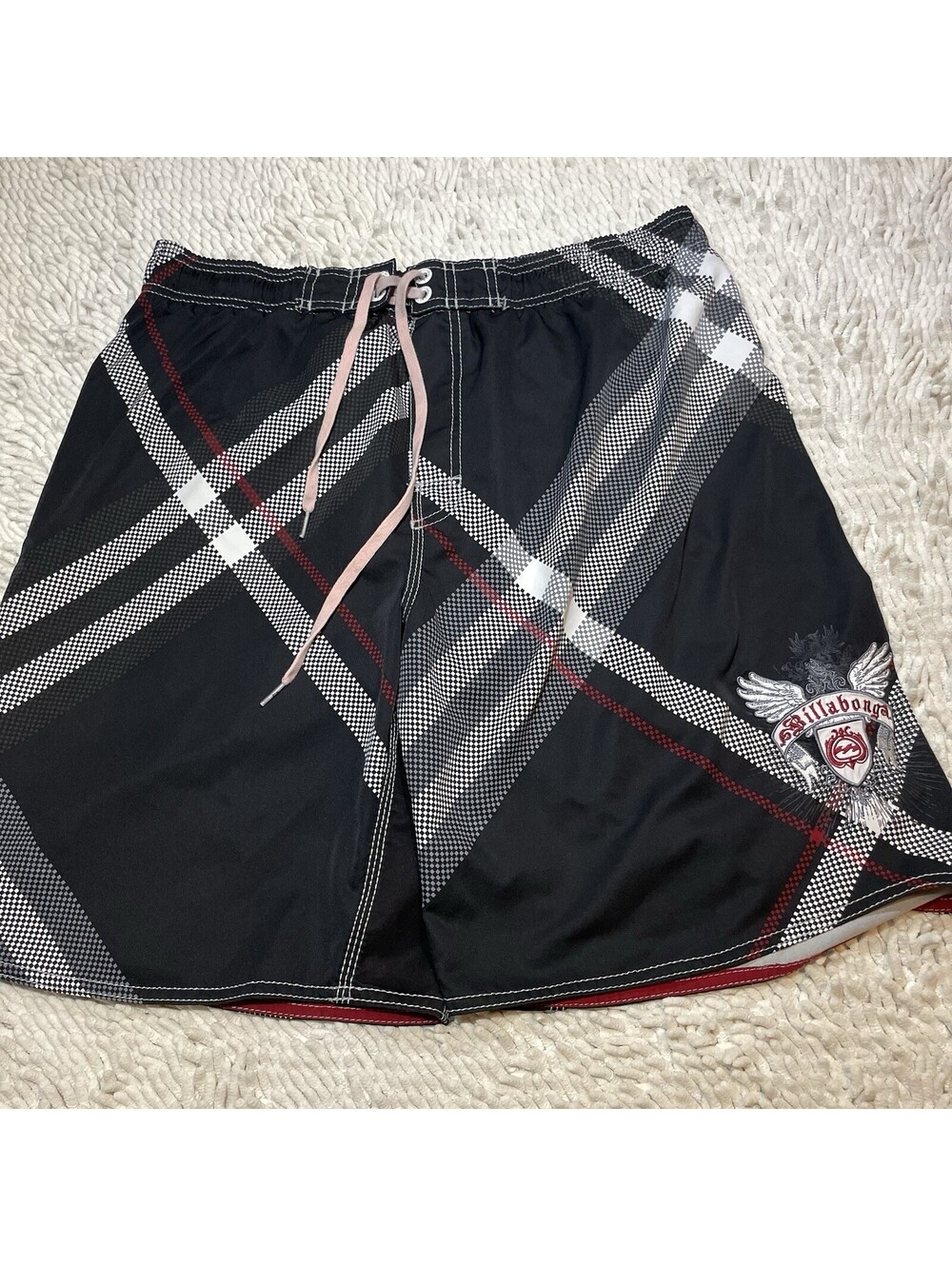 Y2K Billabong Embroidered Mens Plaid Board Shorts Black Size L 34 Graphic